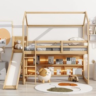 Limited Kids Twin House Loft Bed With Slide, Storage Shelves And Led Light, Wood Twin Low Loft Bed W