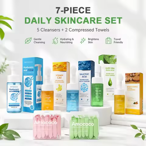 Amococo Facial Cleanser Set with Compressed Towels 1PC Face Wash Foam Cleanser + 1 Box Travel Compre