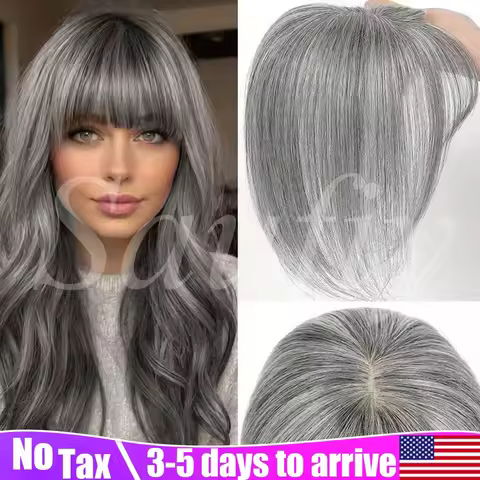 Women Short Gray Human Hair Toppers With Bangs Real Human Hair 5x9cm Seamless Invisible Clip in Huma