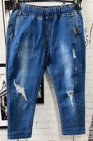 I Jeans 網拍品牌牛仔原色刷白、破壞設計腰部鬆緊褲頭綁帶繭型七分牛仔褲