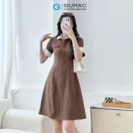 Đầm nữ dáng A cổ sơ mi phối nẹp đính nút vải linen bố sọc thời trang GUMAC DF09021