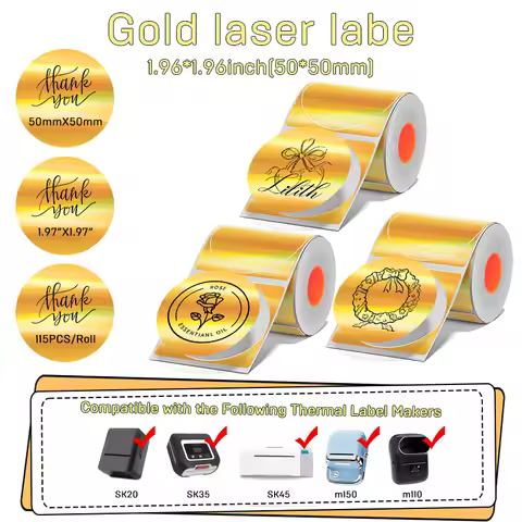 KAYSION Round Holographic Thermal Transfer Label Golden Glossy Self-Adhesive Sticker with Holographi