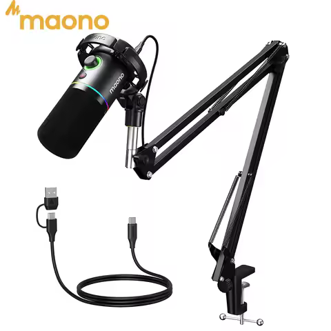 MAONO PD200XS USB/XLR Dynamic Microphone with Shock Mount Boom Arm Stand Maonolink Gain Knob RGB Lig