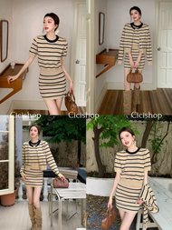 Cicishop(F8516) Set 3 ชิ้น เสื้อแขนสั้น+เสื้อคลุม+กระโปรง ผ้าไหมพรมหนานุ่มลายทาง กระดุมลายโบว์ เรียบ