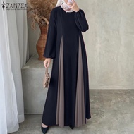 ZANZEA ชุดเดรสแม็กซี่แขนโคมไฟที่สง่างามสำหรับผู้หญิงมุสลิมชุดเดรสเข้ารูปต่อสีตัดกัน #1125