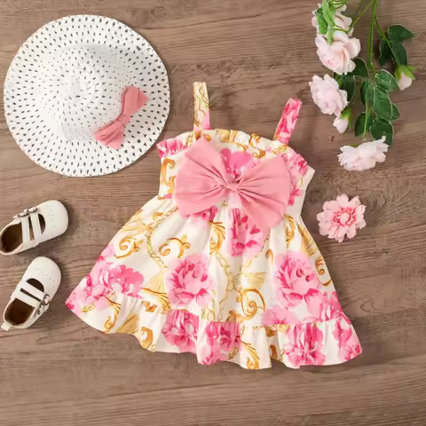 Summer Baby Girl Dress Cute Rose Print Strap Dress for Kids Girl Cute Bow Beach Girl Dress Baby Girl