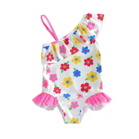 1-4T Little Girl Cami Romper Swimsuit Sleeveless Ruffle Trim One Shoulder Floral Swimwear for Beach 