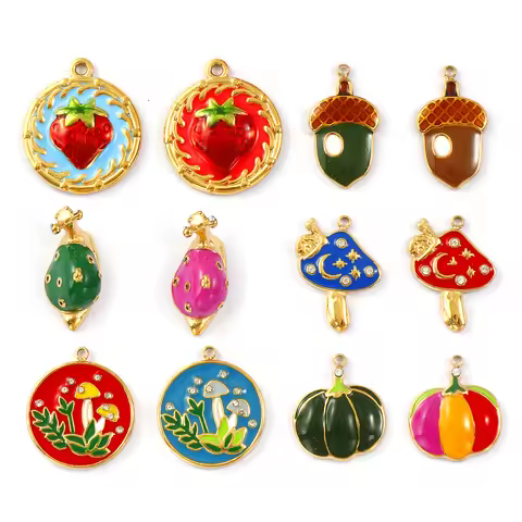 1Piece 304 Stainless Steel Charms 18K Gold Plated Enamel Strawberry Acorn Snail Mushroom Pendant For