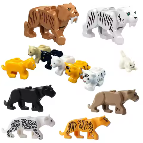 Big Cats Animal Zoo Parts MOC Jungle Beast Building Blocks Bricks Toys Kit Saber-Toothed Tiger Lion 