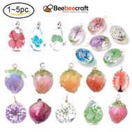 Beebeecraft 1-5 pc Handmade Natural Real Flower Dried Flower Pendants Covered with Clear Epoxy Resin with Brass Peg Bails and Glass Micro Beads Bud Golden Pink