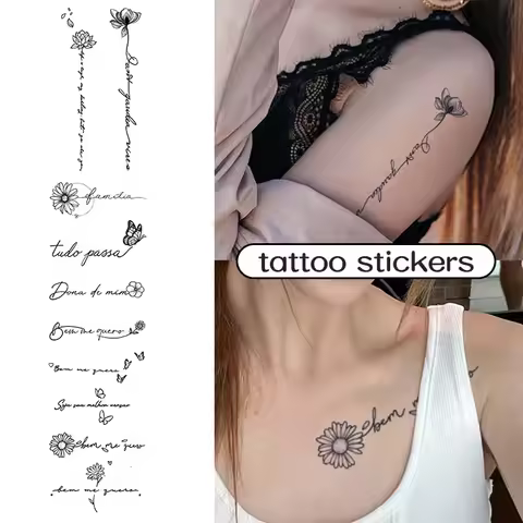 3pcs Butterfly and Floral English Phrase Waterproof Temporary Tattoo, Lasting 1-2 Weeks, Realistic S