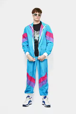 90s style tracksuit set mens blue multi colour block | Old School retro 80s fashion windbreaker shel