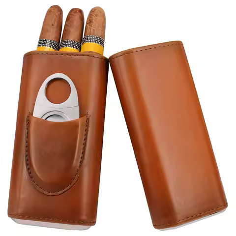 LMETJMA 3-Finger Leather Cigar Case with Cigar Cutter Portable Travel Cigar Holder Case Premium Ciga