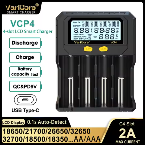 VariCore VCP4 4-Slot Smart Battery Charger LCD for 18650 Li-ion 3.7V LiFePO4 3.2V NiMH 1.2V AA AAA B