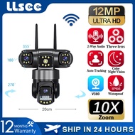 LLSEE V380 PRO 4K 12MP 3 เลนส์กล้องไร้สาย WiFi 360 กล้องวงจรปิดกันน้ำกลางแจ้ง 10 ครั้งซูมสีเต็มรูปแบ