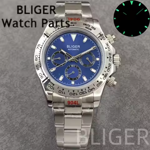 BLIGER 39mm Automatic Chronograph Luminous Men's Watch 5ATM Dive Silver Stainless Steel Case Sapphir