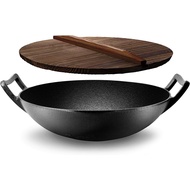 Pre-Seasoned Cast Pan-36cm  Heavy Duty Non-Stick Iron Chinese Wok or Stir Fry Skillet w/Wooden Lid for Electric Stove Top Induction Large Black