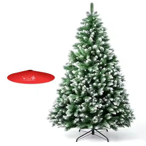 7FT Frosted Artificial Christmas Tree, Unlit Flocked Snow Pine Tree with Metal Stand & Christmas Tre