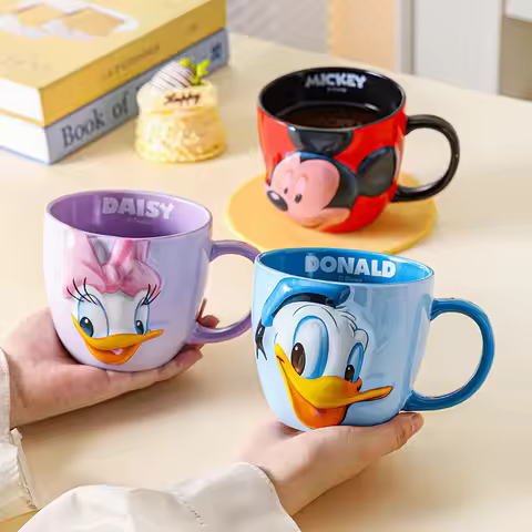 550ML Kawaii Anime Hobby Mickey Mouse Donald Duck Cartoon Ceramic Relief Mug Breakfast Milk Cup Birt