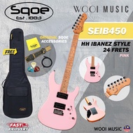 SQOE SEIB450-PK Ibanez Style HH 24-Fret Electric Guitar with Roasted Maple Neck & Bag - Pink (SEIB45