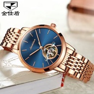 金仕盾防水機械錶鏤空女士手錶(玫鋼玫殼藍面女）