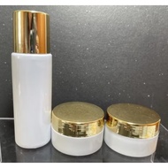 60ml toner bottle and (JAR 2) 2pcs 10g cream jar with gold chrome cap (empty)