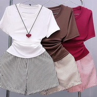 Set big size women's t-shirt with striped shorts in soft and cool rough fabric for chubby women from