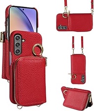 Wallet Case for Samsung Galaxy A56 5G with Shoulder Strap Ring Buckle, Luxury PU Leather Zipper Flip