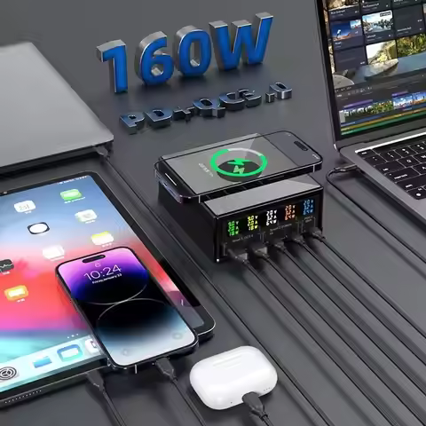 160W 5 Port USB Charger Staion with 15W Wireless Charging Fast Charger USB-C PD 65W Quick Charger fo