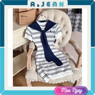 Very pretty horizontal striped wool dress with sailor tie | AJEAN STORE