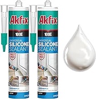 Akfix 100E Universal White Silicone - 100% Silicone Sealant on Bathroom & Kitchen, Waterproof Sealer