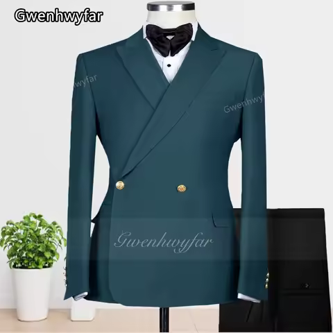 Gwenhwyfar 2025 Men Suits Slim Fit Notched Dark Blue Mens Suit Blazers Pants 2 Piece Formal Causal B