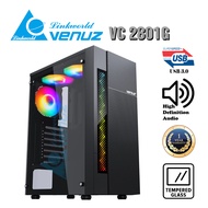 VENUZ ATX Tempered Glass Gaming Case VC2801G with LED RGB Strip &amp; RGB Fan x 3 – Black
