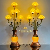 Lamp of 5 Lapis lazuli lotus flowers in hand shape offering to Buddha, large base - 72cm and 83cm hi