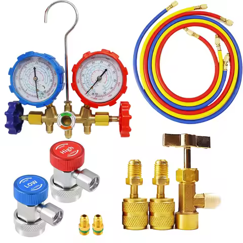 R410A R22 R134a R404A Manifold Gauge Set HVAC A/C Refrigeration Charging Service with Hoses Adjustab