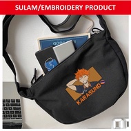 HAIKYU SHOYO HINATA KARASUNO HIGH ANIME EMBROIDERY(SULAM) BLACK CANVAS ZIPPER CROSSBODY SHOULDER SLI
