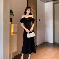 FOLADY - P361 Dress Wanita Import Dress Midi Sabrina Warna Hitam Polos Simple Mewah Elegant Bodycon 