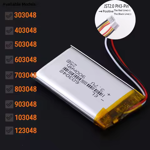 JST2.0 3Pin 3.7V 503048 800mAh 303048 403048 Lithium Li-ion Polymer Battery 603048 703048 803048 903