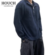 HOUCH COD Waffle Zipper Long Sleeve Men -Black Loose Pullover Knitwear Polo Baju