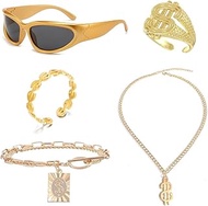 Hip Hop Costume Kit, 5 Pcs 80s/90s Rapper Accessories, With Dollar Sign Necklace, Ring And Sunglasse
