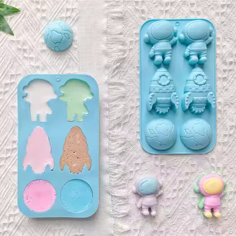 Creative Space Theme Silicone Cake Mold 6-Chamber 3D Astronaut Rocket Earth Mold for Chocolate Candy