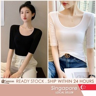 【SG SELLER】Modal Cotton Casual Summer/Spring Short Sleeve U Neck T-Shirt for Women Black / White