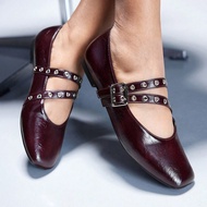 Women's Red Oil Wax Leather Mary Jane Flat Shoes, Y2K, Punk, Biker, Cool Girl Style, Suitable For Ha