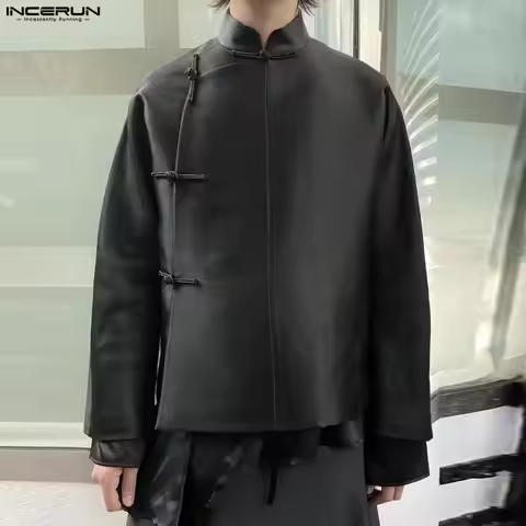 INCERUN Men Shirt Solid Color Vintage Stand Collar Long Sleeve Men Clothing Chinese Style Retro Casu