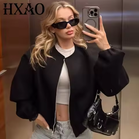 HXAO Women's Jackets Cropped Loose Outerwears Red Grey Off White Black Jacket Zip Up Long Sleeve Top