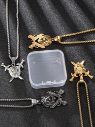 1條雙性款金色3d雙劍和獅頭吊墜粗骨鏈項鍊。適合男性日常和節日佩戴,也可作為送給朋友和家人的節日禮物。附贈禮盒。