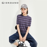 GIORDANO ผู้หญิง เสื้อกันหนาว เสื้อสเวตเตอร์คอกลมแขนสั้นลายตัดกัน เสื้อสเวตเตอร์ลำลองแฟชั่นเรียบง่าย
