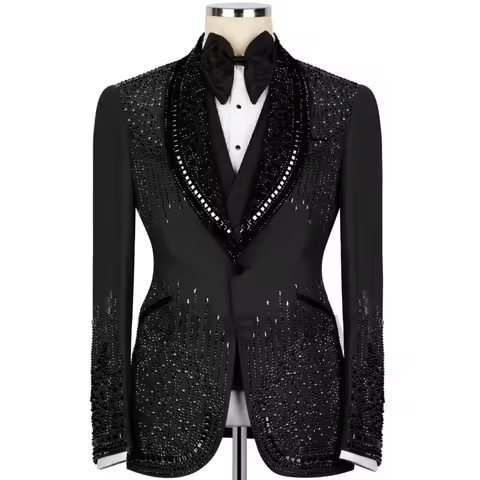 Olibexley Sparkly Black Crystal Men Suit Beaded Diamond One Breasted Glitter Groom Wedding Tuxedos S