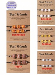 2入組運動主題手環,用於裝飾籃球、橄欖球、足球、棒球和壘球等,有贈品卡片適用於家庭男女,手工編織珠寶手鐲
