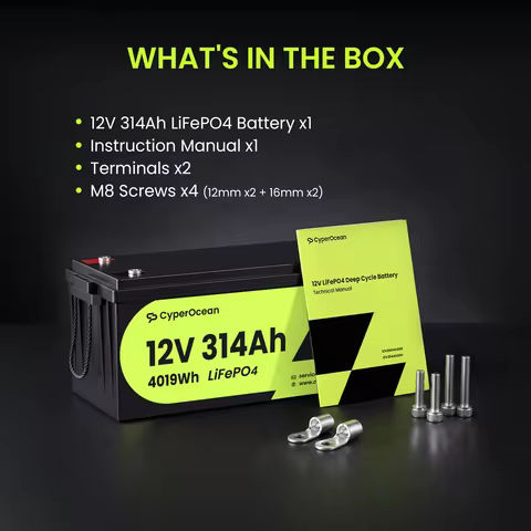 CyperOcean 12V 314Ah LiFePO4 Battery 4PK 12V Rechargeable Lithium Battery 4019Wh MAX.64.30KWh Low-Te